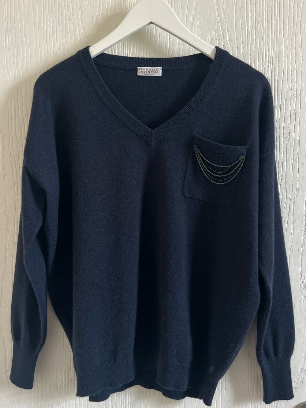 Brunello Cucinelli Cashmere Monili Pocket V Neck Sweater Navy Blue